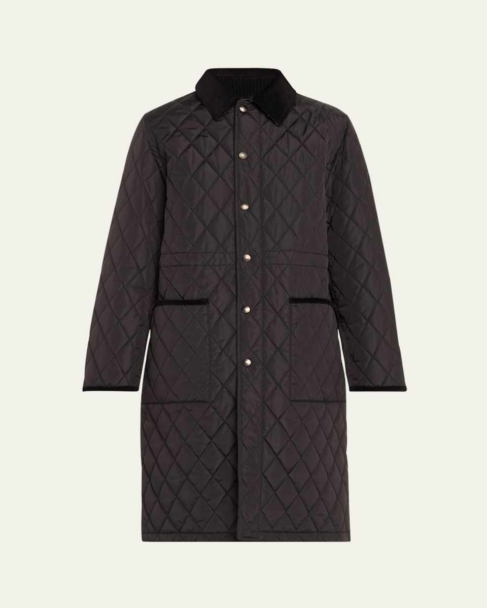 Corduroy-Collar Quilted Long Jacket